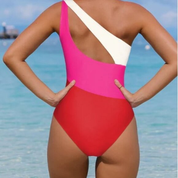 NEW ONE SHOULDER COLORBLOCK  BRAZILLIAN ONE PIECE SWIMSUIT - Picture 2 of 10